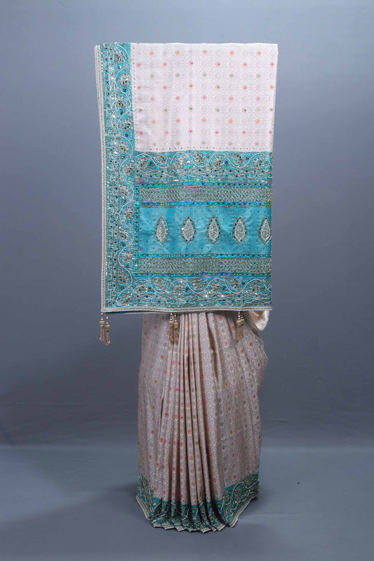 Designer Off-White Saree with Turquoise Blue Heavy Sequin Work 