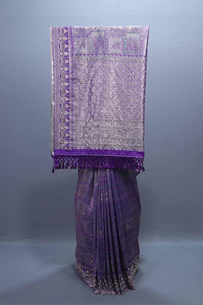 Purple Designer Silk Saree with Heavy Silver Zari Tassel Pallu 