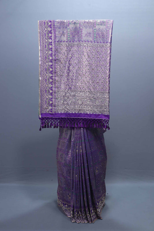 Purple Designer Silk Saree with Heavy Silver Zari Tassel Pallu 
