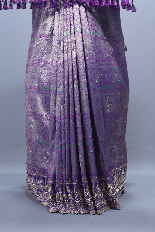 Purple Designer Silk Saree with Heavy Silver Zari Tassel Pallu