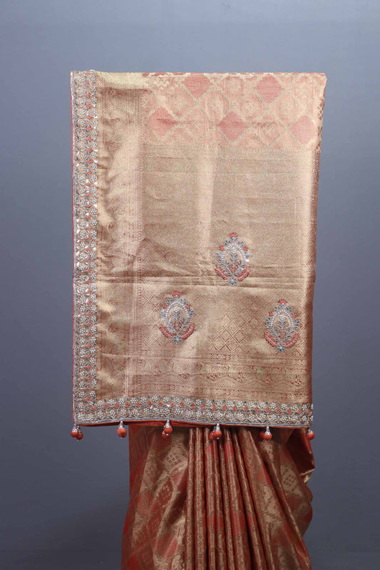 Golden Peach Banarasi Silk Saree with Zari Tassel Pallu