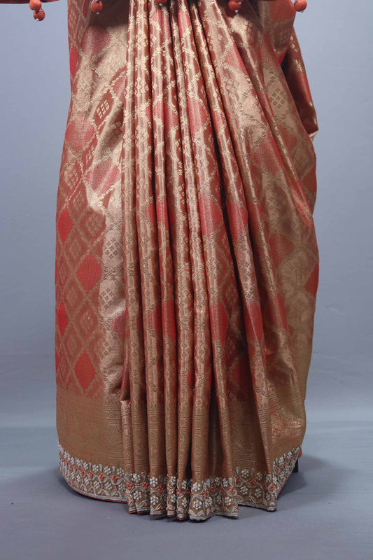 Golden Peach Banarasi Silk Saree with Zari Tassel Pallu