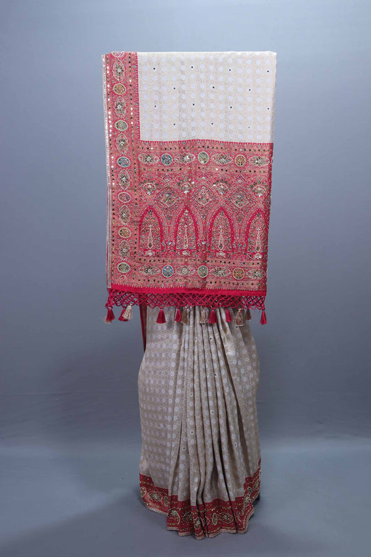 Beige Red Designer Silk Saree with Heavy Pallu Festive Wear