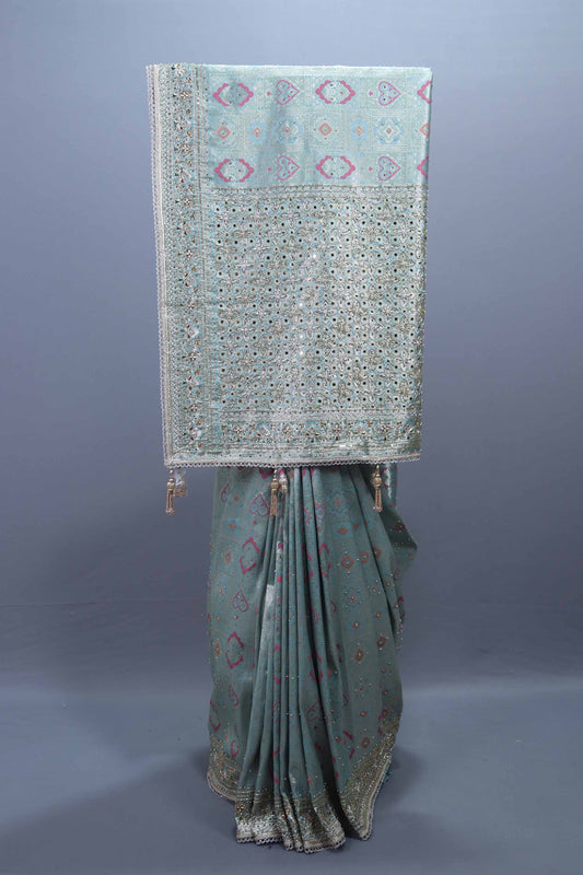 Sea Green Designer Silk Saree with Heavy Pallu, Mirror Work