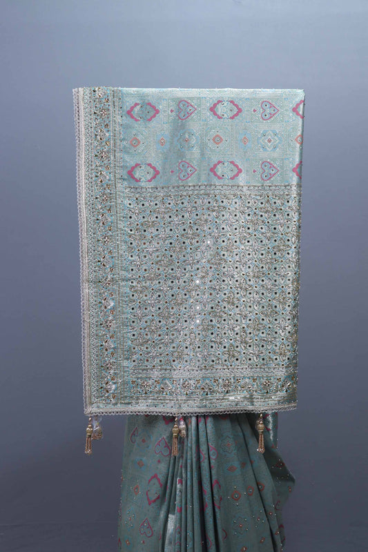 Sea Green Designer Silk Saree with Heavy Pallu, Mirror Work