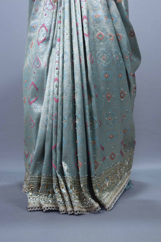 Sea Green Designer Silk Saree with Heavy Pallu, Mirror Work