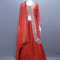 Elegant Rust Red Embroidered Silk Lehenga Choli with Long Jacket Dupatta 