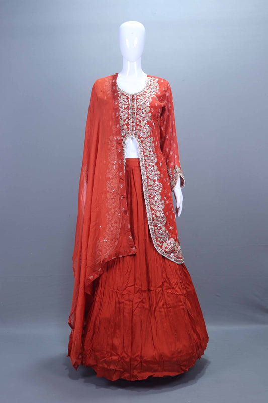 Elegant Rust Red Embroidered Silk Lehenga Choli with Long Jacket Dupatta 
