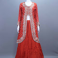 Elegant Rust Red Embroidered Silk Lehenga Choli with Long Jacket Dupatta