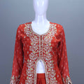 Elegant Rust Red Embroidered Silk Lehenga Choli with Long Jacket Dupatta