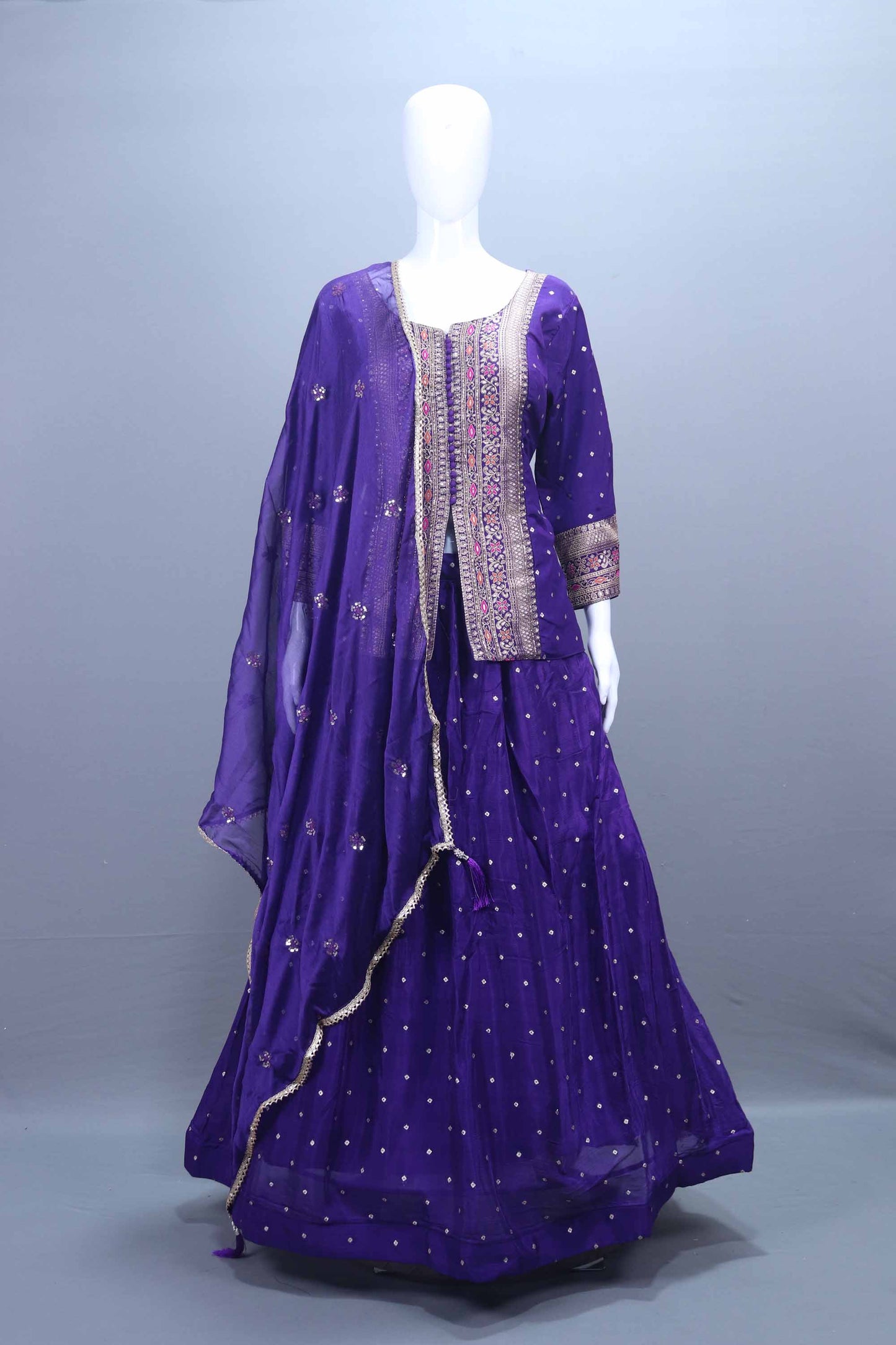 Royal Purple Embroidered Silk Lehenga Choli with Long Jacket Dupatta