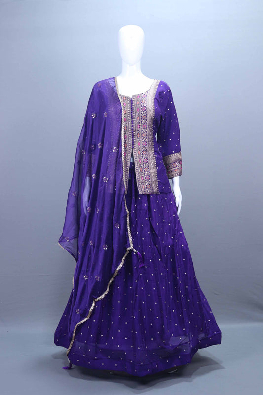 Royal Purple Embroidered Silk Lehenga Choli with Long Jacket Dupatta