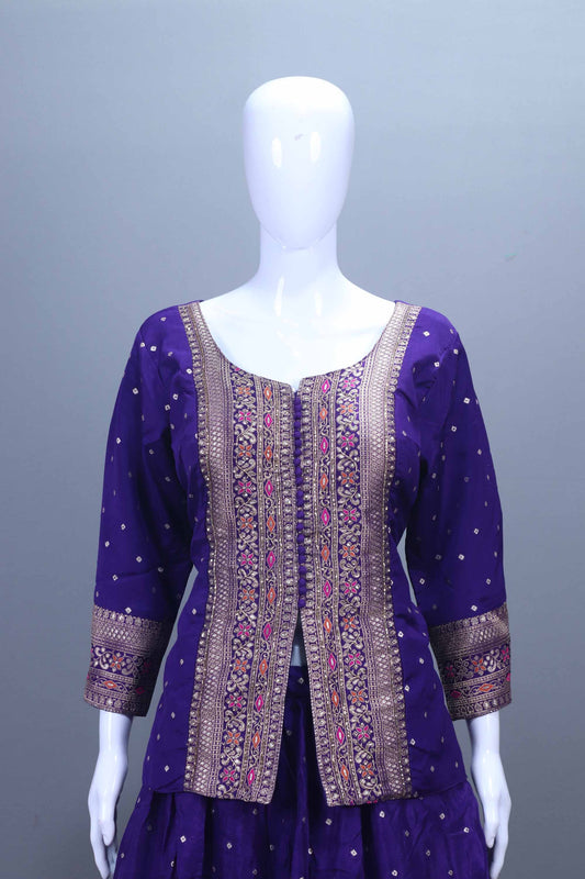 Royal Purple Embroidered Silk Lehenga Choli with Long Jacket Dupatta