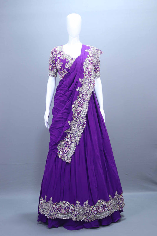 Royal Purple Embroidered Georgette Lehenga Choli with Heavy Border Dupatta 
