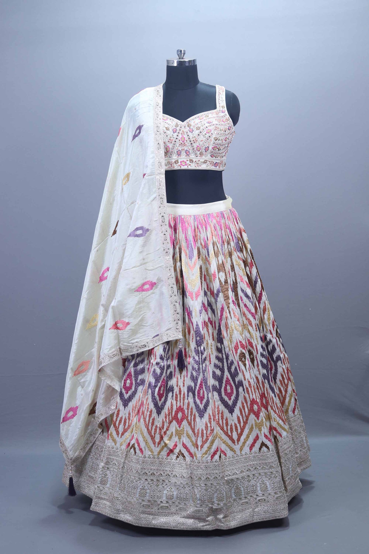 Ivory Multicolor Printed Silk Lehenga Choli with Embroidered Blouse Dupatta 
