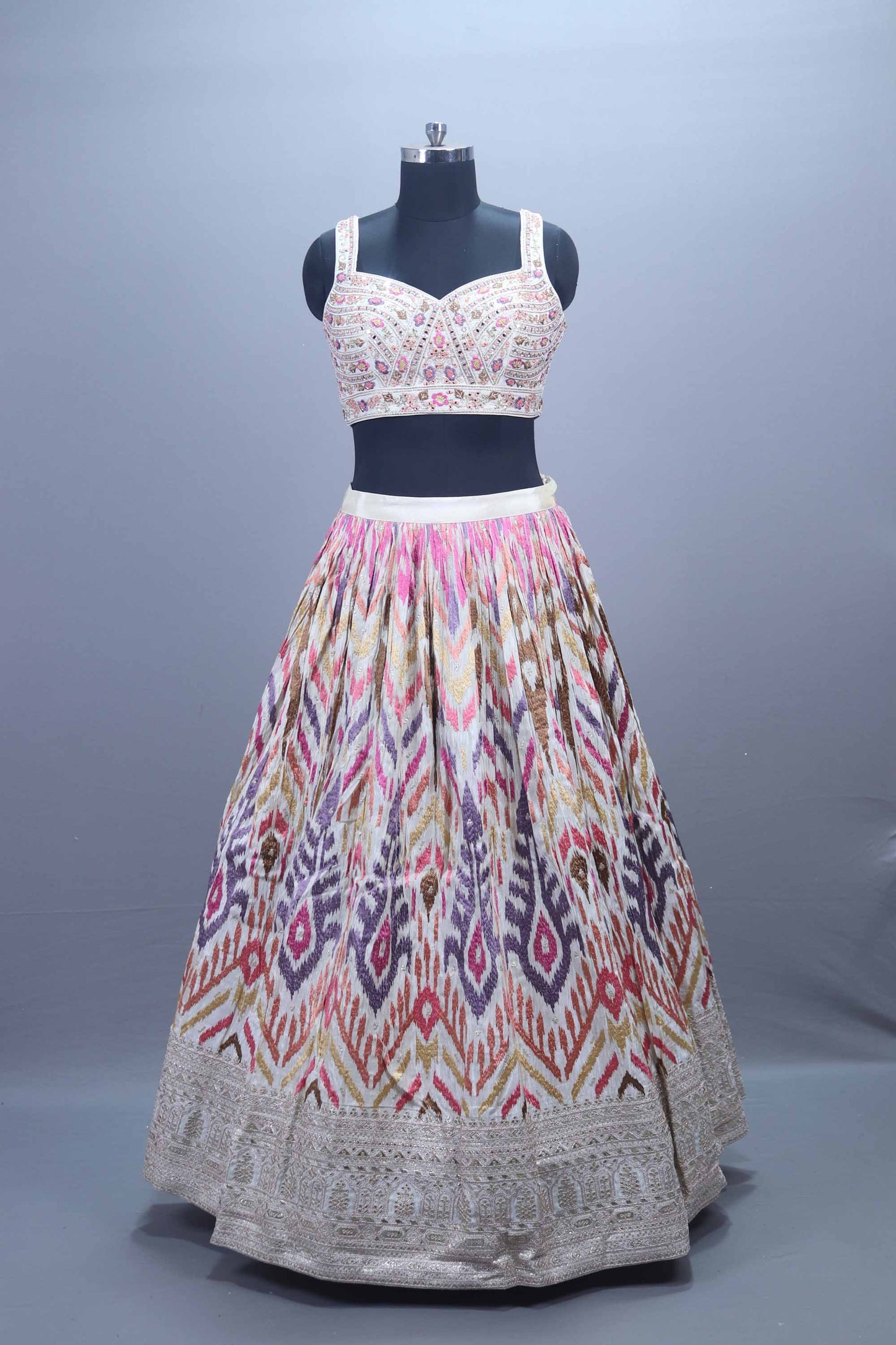 Ivory Multicolor Printed Silk Lehenga Choli with Embroidered Blouse Dupatta
