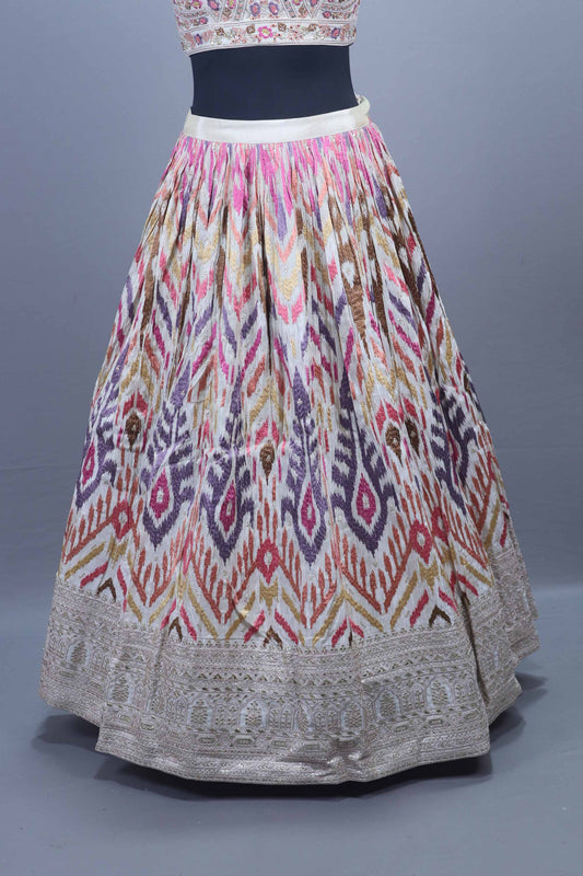 Ivory Multicolor Printed Silk Lehenga Choli with Embroidered Blouse Dupatta