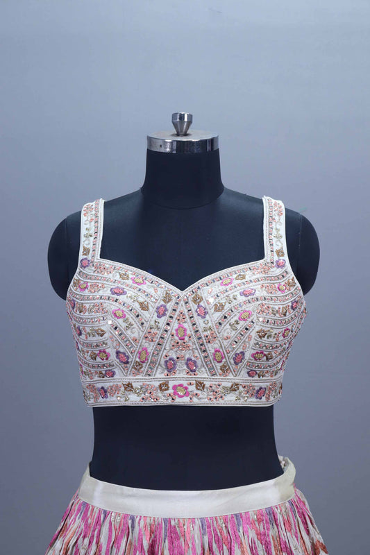 Ivory Multicolor Printed Silk Lehenga Choli with Embroidered Blouse Dupatta