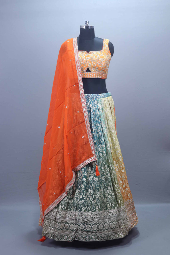 Multicolor Printed Silk Lehenga Choli with Orange Embroidered Blouse Dupatta 