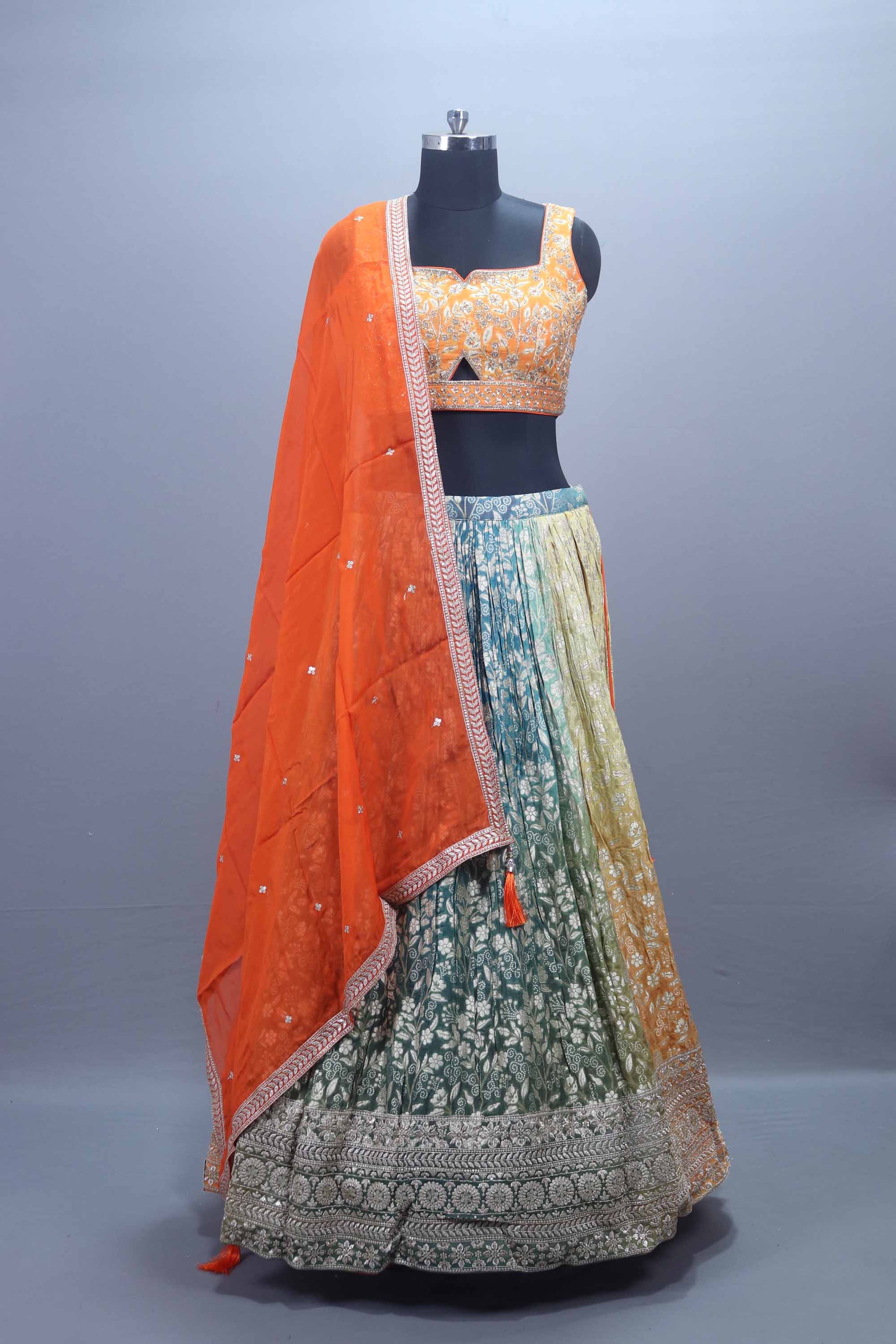 Multicolor Printed Silk Lehenga Choli with Orange Embroidered Blouse Dupatta 