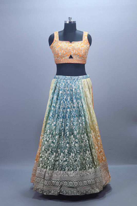 Multicolor Printed Silk Lehenga Choli with Orange Embroidered Blouse Dupatta