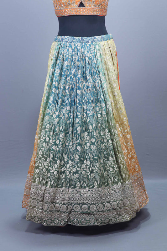 Multicolor Printed Silk Lehenga Choli with Orange Embroidered Blouse Dupatta