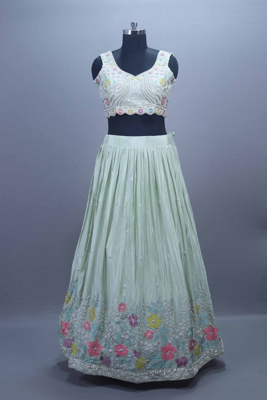 Mint Green Embroidered Georgette Lehenga Choli with Dupatta