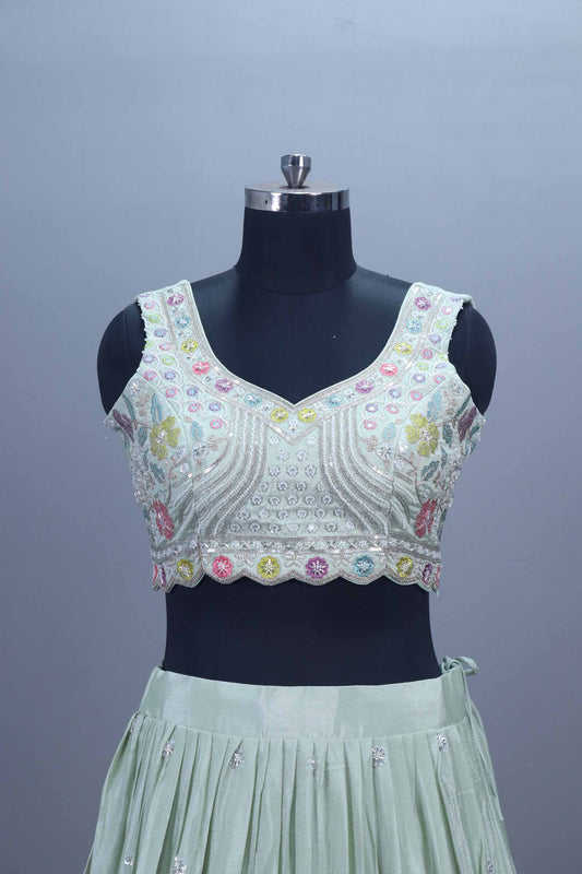 Mint Green Embroidered Georgette Lehenga Choli with Dupatta