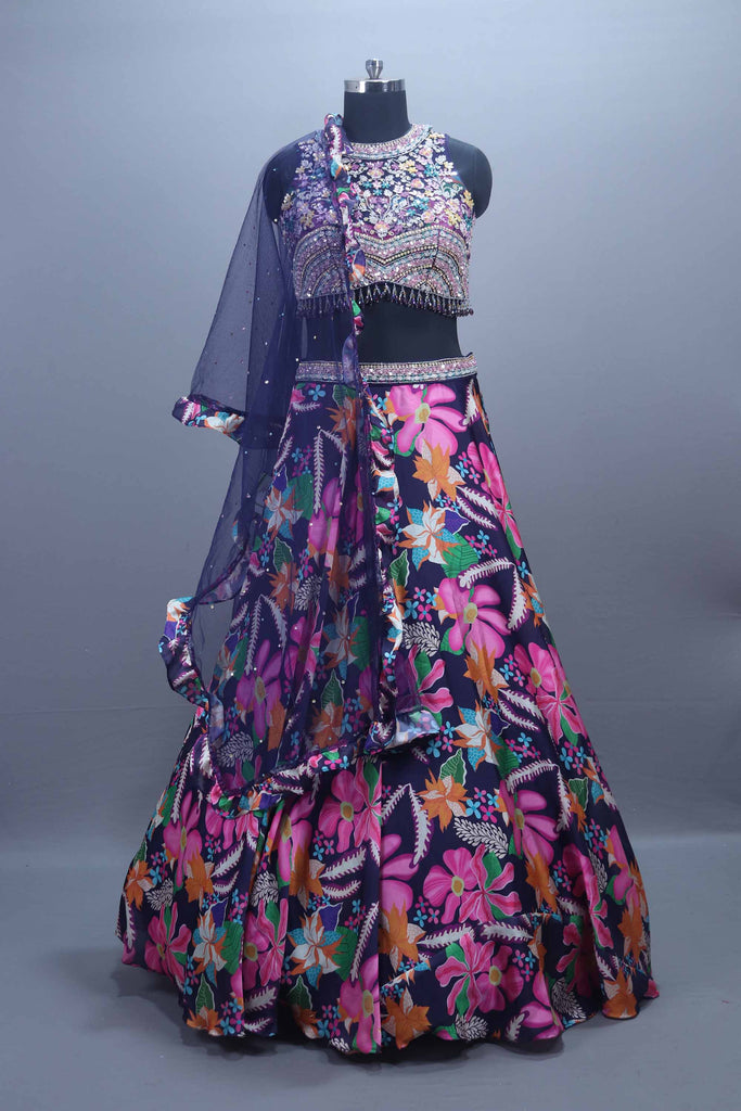 Navy Blue Printed Lehenga Choli with Embroidered Blouse Net Dupatta 