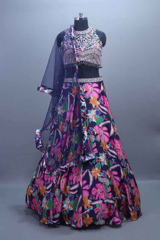 Navy Blue Printed Lehenga Choli with Embroidered Blouse Net Dupatta 