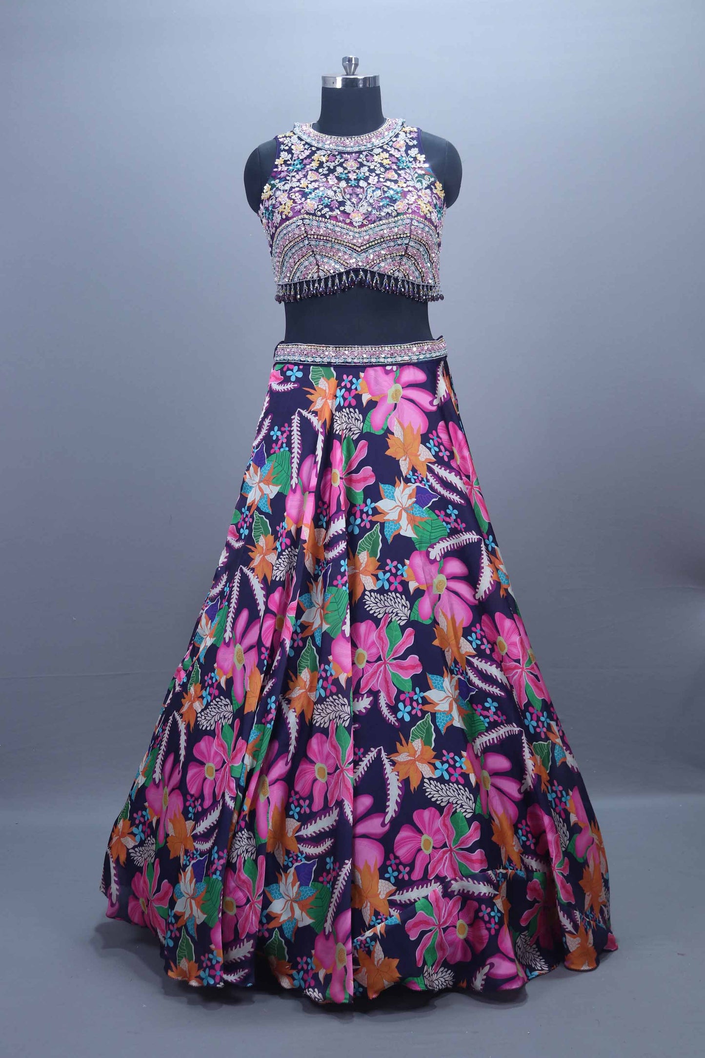 Navy Blue Printed Lehenga Choli with Embroidered Blouse Net Dupatta