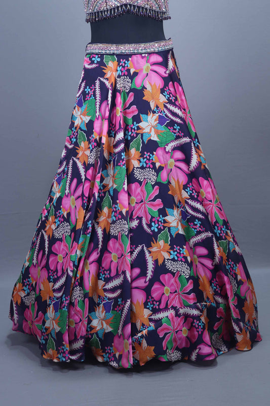 Navy Blue Printed Lehenga Choli with Embroidered Blouse Net Dupatta