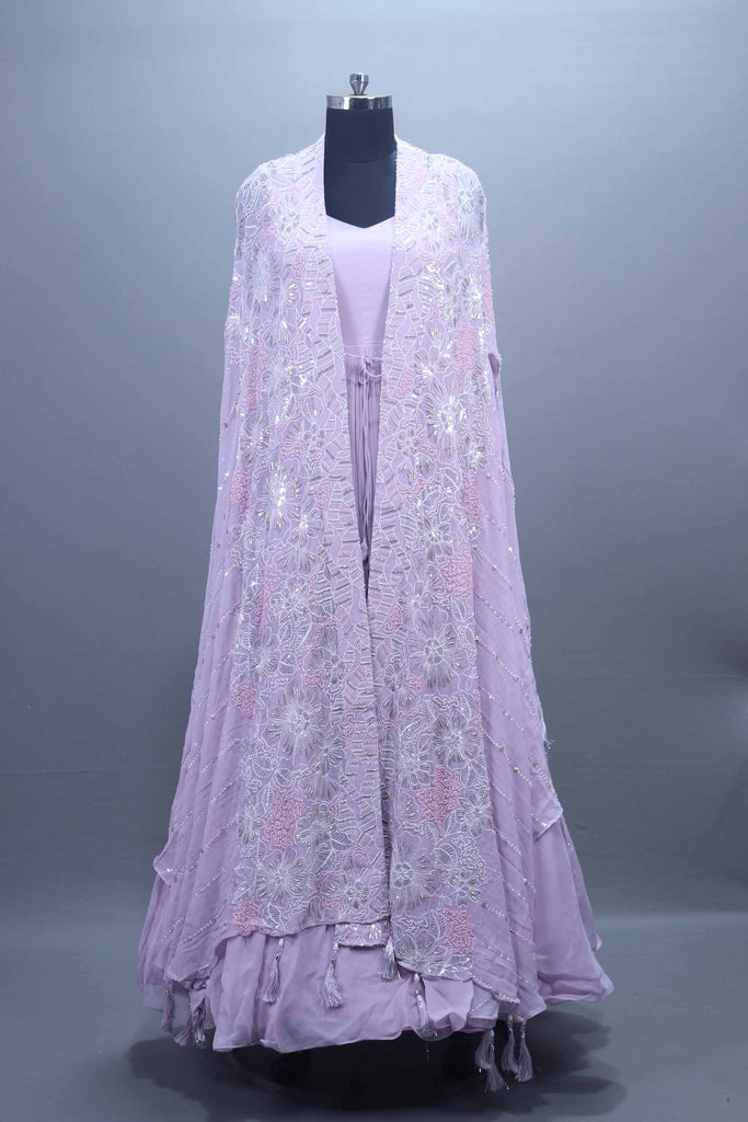 Lavender Heavy Embroidered Floral Anarkali Gown With Dupatta 