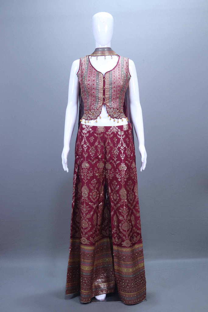 Maroon Embroidered Silk Lehenga Choli with Sleeveless Jacket Palazzo 