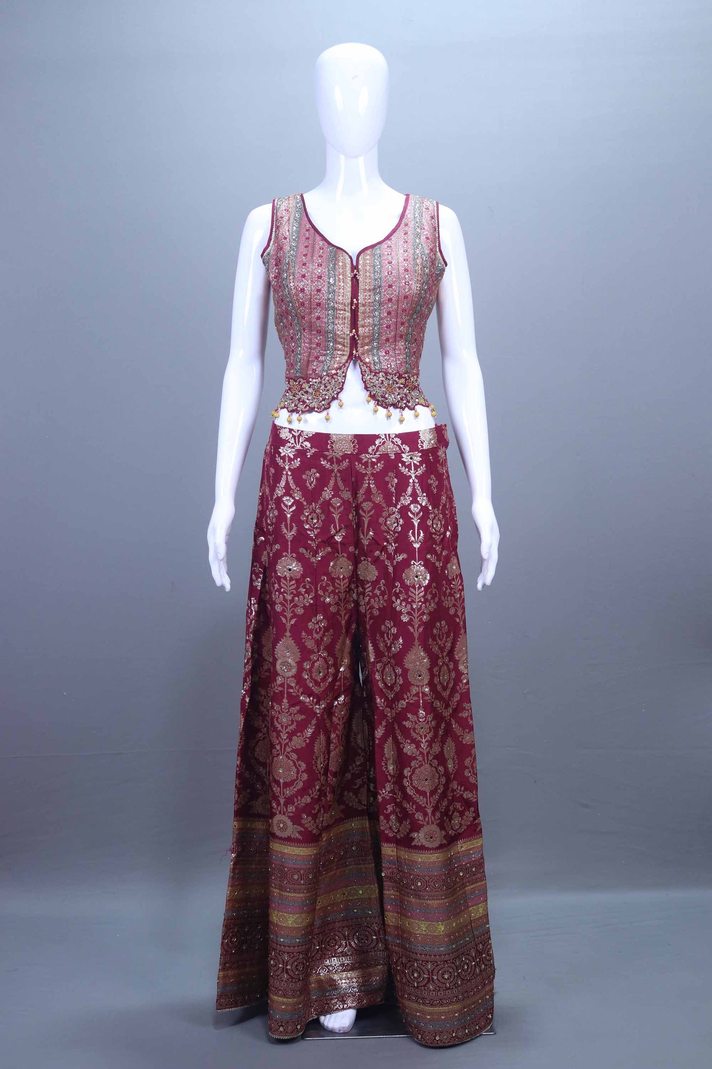 Maroon Embroidered Silk Lehenga Choli with Sleeveless Jacket Palazzo