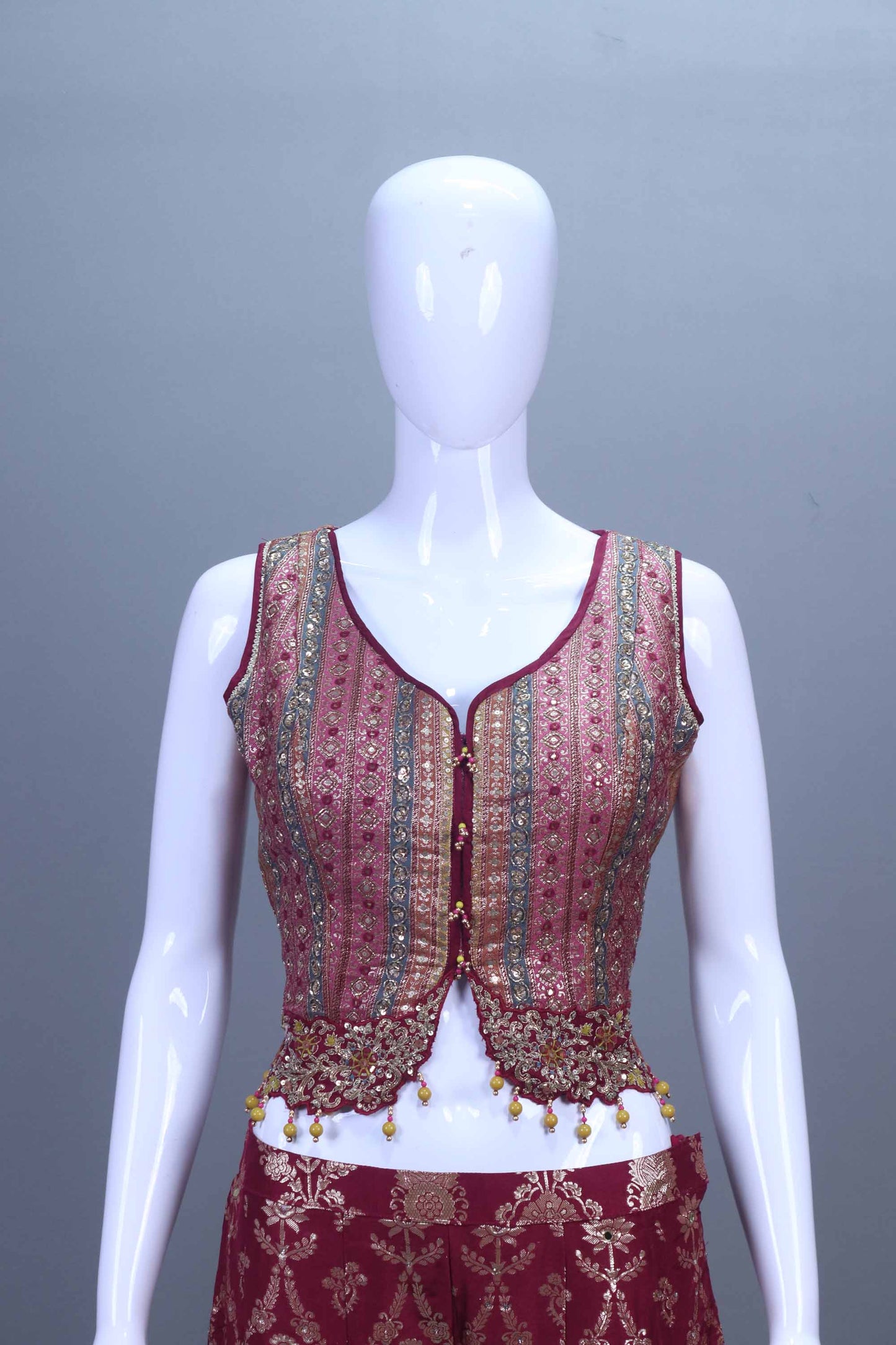 Maroon Embroidered Silk Lehenga Choli with Sleeveless Jacket Palazzo