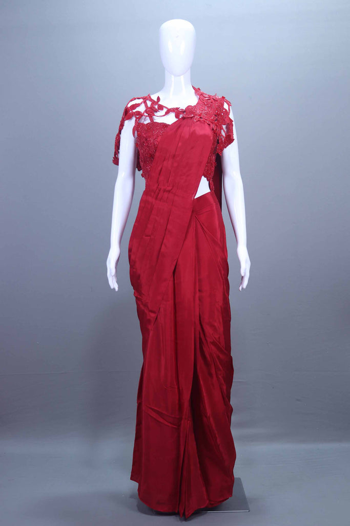  Red Embroidered Lycra Silk Saree with Designer Blouse Party Wear