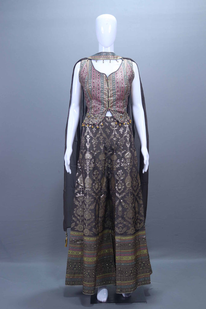 Grey Silk Lehenga Choli with Sleeveless Jacket Net Dupatta