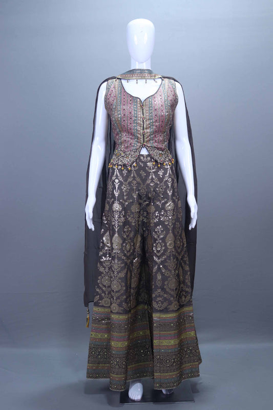Grey Silk Lehenga Choli with Sleeveless Jacket Net Dupatta