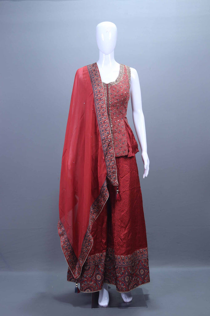 Rust Red Embroidered Silk Lehenga Choli with Printed Border Net Dupatta