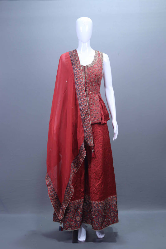 Rust Red Embroidered Silk Lehenga Choli with Printed Border Net Dupatta