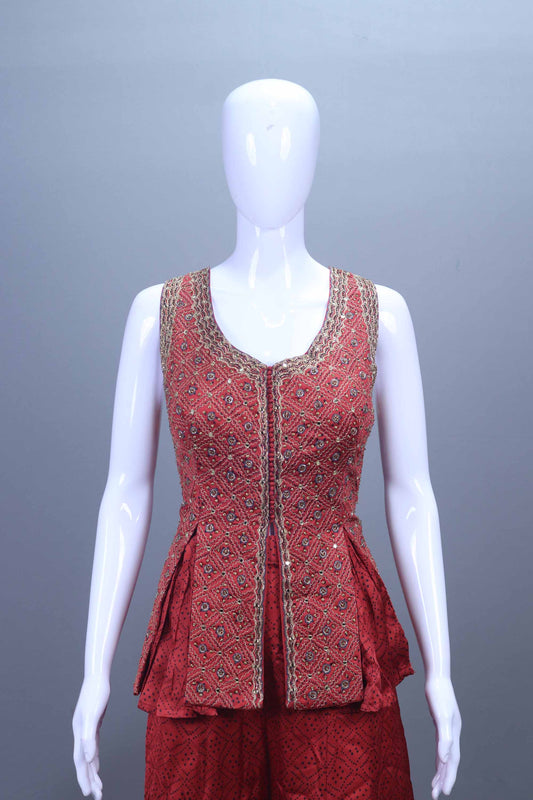 Rust Red Embroidered Silk Lehenga Choli with Printed Border Net Dupatta