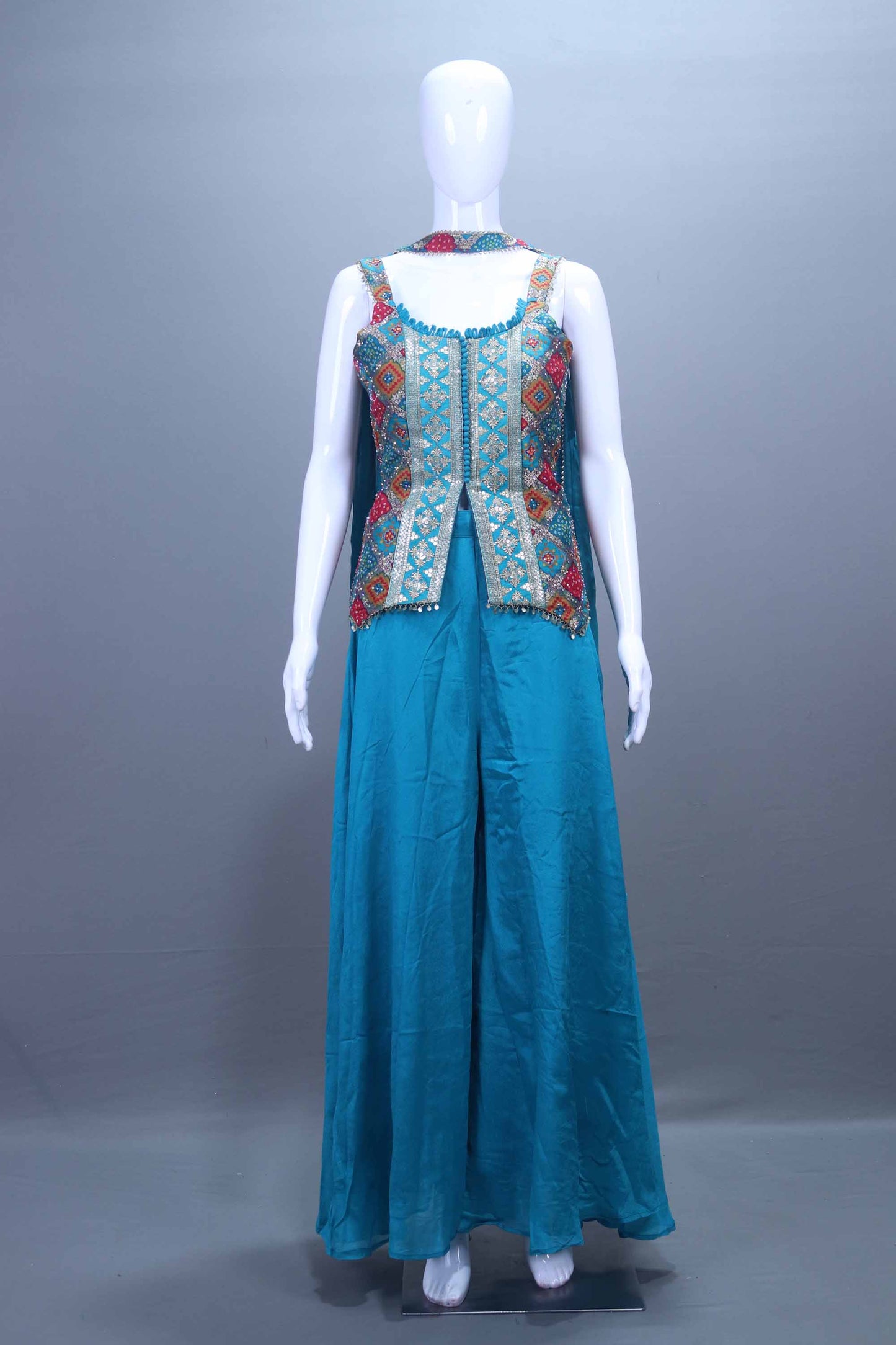 Teal Blue Embroidered Silk Palazzo Set with Sleeveless Jacket Party Wear