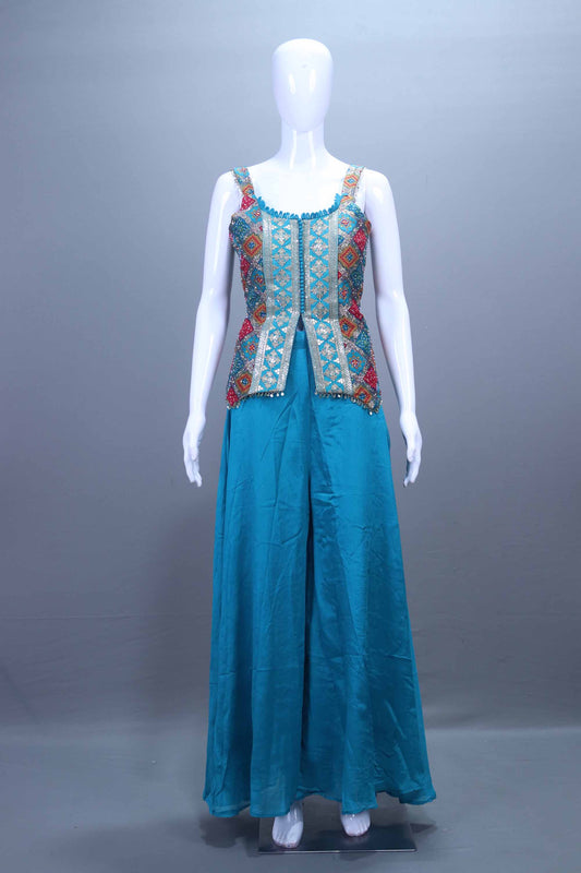 Teal Blue Embroidered Silk Palazzo Set with Sleeveless Jacket Party Wear