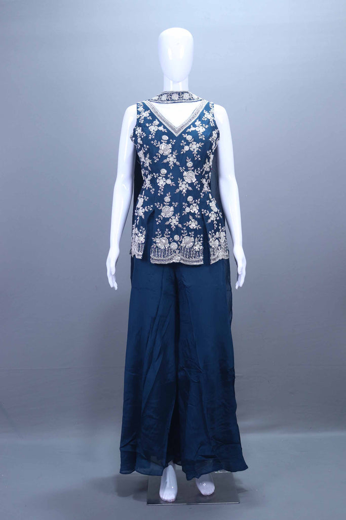 Navy Blue Silk Palazzo Set with Sleeveless Kurti Dupatta 