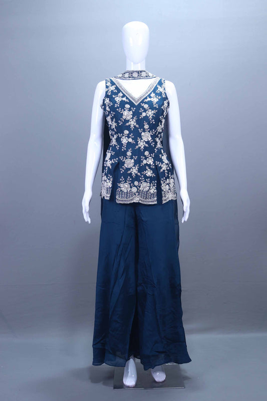 Navy Blue Silk Palazzo Set with Sleeveless Kurti Dupatta 