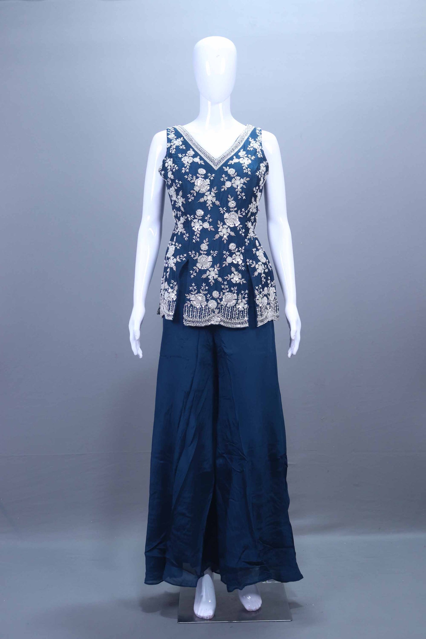 Navy Blue Silk Palazzo Set with Sleeveless Kurti Dupatta