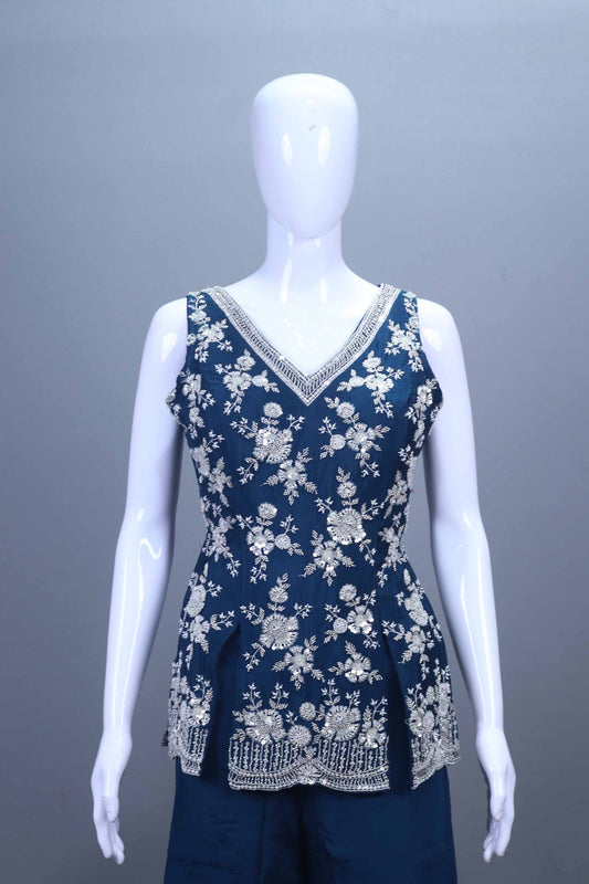 Navy Blue Silk Palazzo Set with Sleeveless Kurti Dupatta