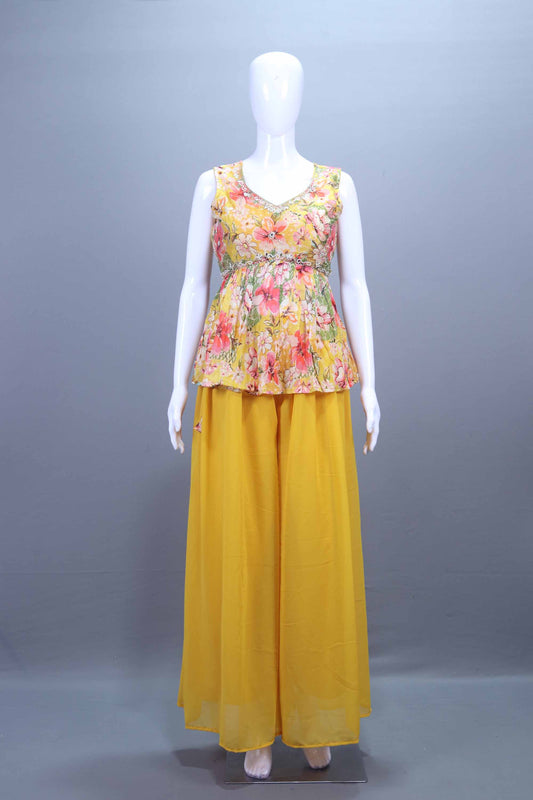 Yellow Floral Printed Georgette Palazzo Set with Sleeveless Kurti Dupatta