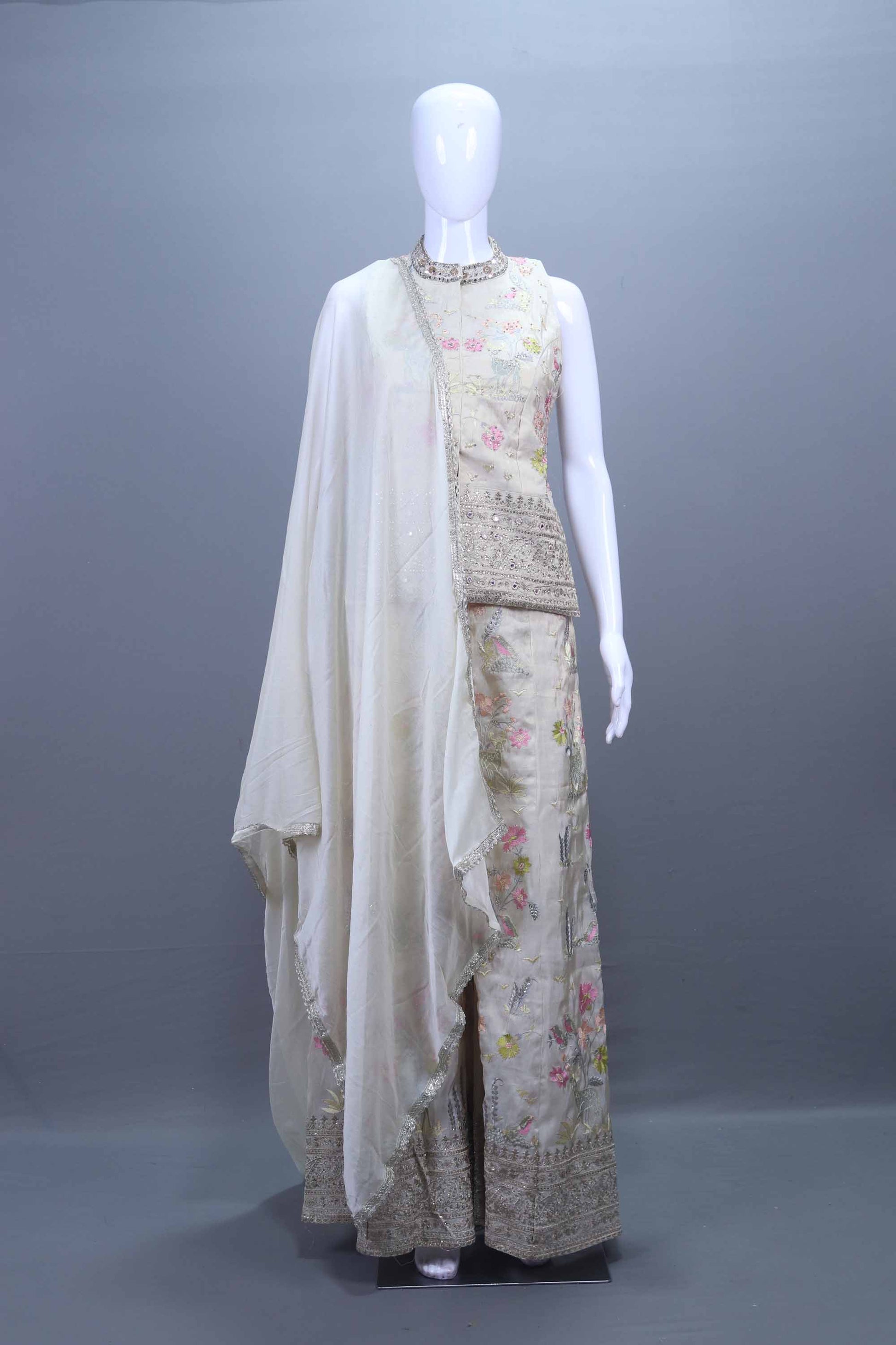  Off-White Floral Embroidered Sharara Set with Dupatta 